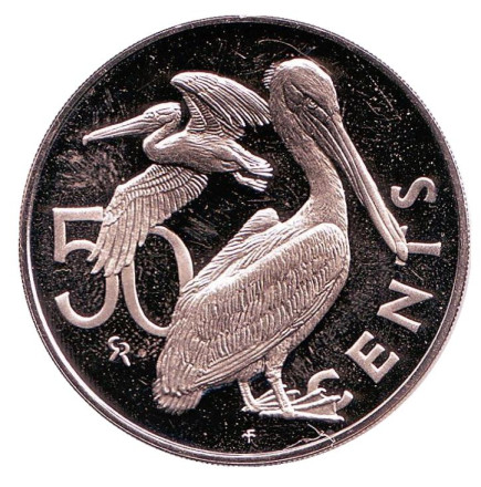 Монета 50 центов. 1973 год, Британские Виргинские острова. Пеликаны.