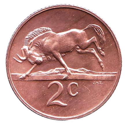 Монета 2 цента. 1974 год, Южная Африка. UNC. Белохвостый гну.