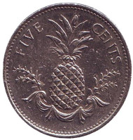 Монета 5 центов. 1998 год, Багамские острова. Ананас. Монета 5 центов. 1998 год, Багамские острова. Ананас.