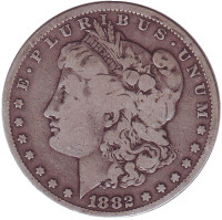 Моргановский доллар. Монета 1 доллар. 1882 год, США. (Без отметки монетного двора)