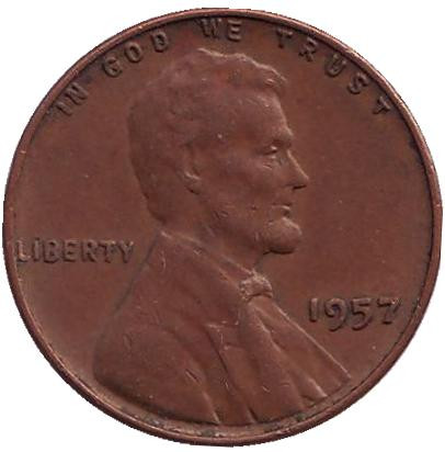 Монета 1 цент. 1957 год (P), США. Линкольн.
