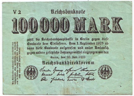 Рейхсбанкнота 100.000 марок. 1923 год, Веймарская республика. 