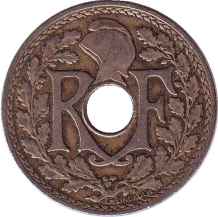 Монета 25 сантимов. 1917 год, Франция. (Новый тип - без подчеркивания под "MES") Монета 25 сантимов. 1917 год, Франция. (Новый тип - без подчеркивания под "MES")