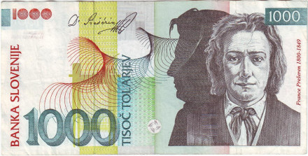 Банкнота 1000 толаров. 2004 год, Словения. Франце Прешерн.