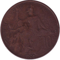 Монета 10 сантимов. 1908 год, Франция.