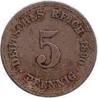 Монета 5 пфеннигов. 1890 год (A), Германская империя.