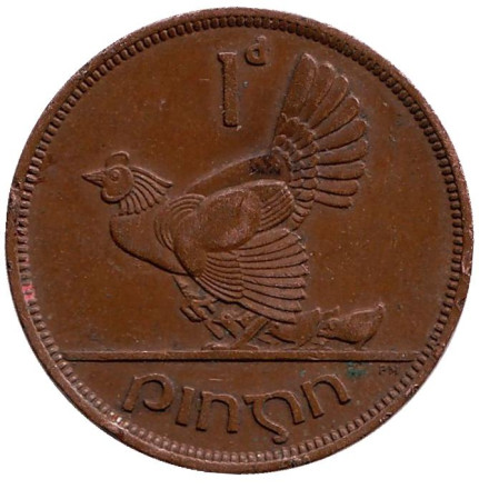 Монета 1 пенни. 1941 год, Ирландия. Птица. Ирландская арфа.