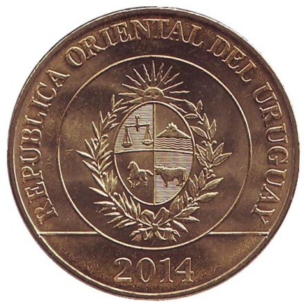 Монета 5 песо. 2014 год, Уругвай. Страус. Монета 5 песо. 2014 год, Уругвай. Страус.