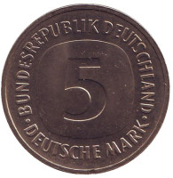 Монета 5 марок. 1977 год (G), ФРГ. UNC.