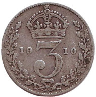 Монета 3 пенса. 1910 год, Великобритания. Монета 3 пенса. 1910 год, Великобритания.