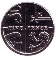 Монета 5 пенсов. 2016 год, Великобритания. UNC.
