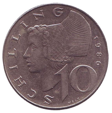 Монета 10 шиллингов. 1986 год, Австрия. Женщина из Вахау.