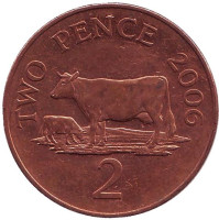 Корова. Монета 2 пенса. 2006 год, Гернси.