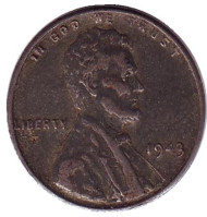Монета 1 цент. 1943 год (P), США. Линкольн. Монета 1 цент. 1943 год (P), США. Линкольн.