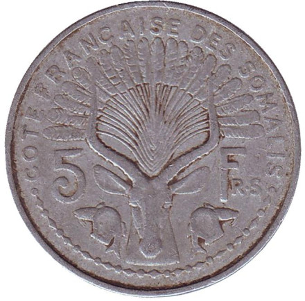 Монета 5 франков. 1959 год, Французский берег Сомали. Антилопа.