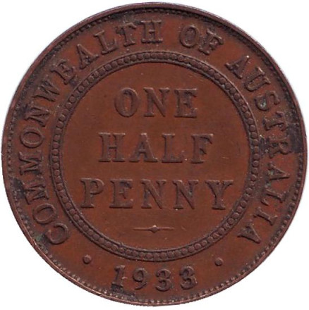 Монета 1/2 пенни. 1933 год, Австралия.