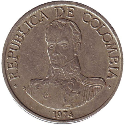 Монета 1 песо. 1974 год, Колумбия. Симон Боливар.