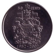 Монета 50 центов. 2002 год, Канада. UNC. 50 лет правлению Королевы Елизаветы II. Монета 50 центов. 2002 год, Канада. UNC. 50 лет правлению Королевы Елизаветы II.
