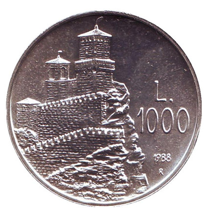 Монета 1000 лир. 1988 год, Сан-Марино. Фортификация. Первая башня. Гуаита.