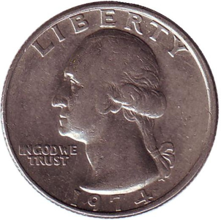Монета 25 центов. 1974 год, США. Вашингтон.