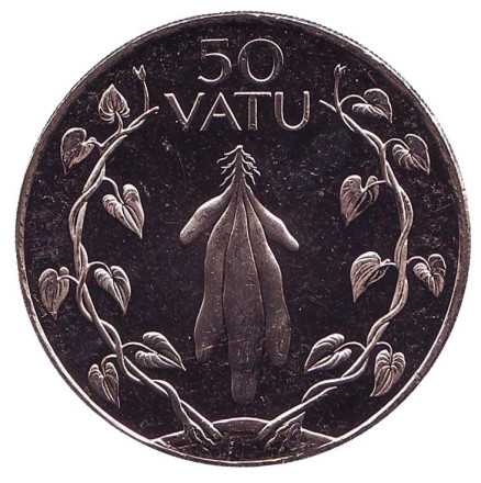 Монета 50 вату. 2009 год, Вануату. Батат (сладкий картофель) в венке из двух лоз.