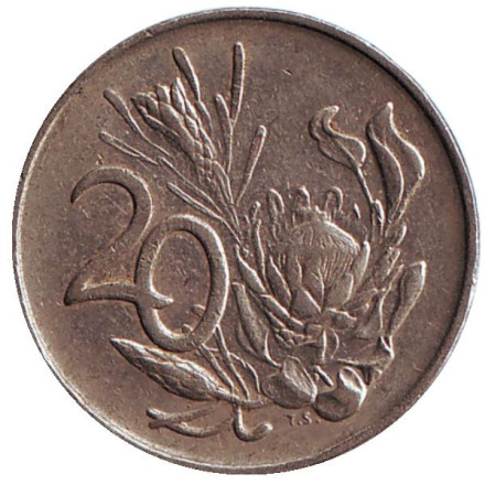 Монета 20 центов. 1987 год, ЮАР. Цветок протея.