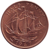 "Золотая лань". Монета 1/2 пенни. 1967 год, Великобритания. aUNC.