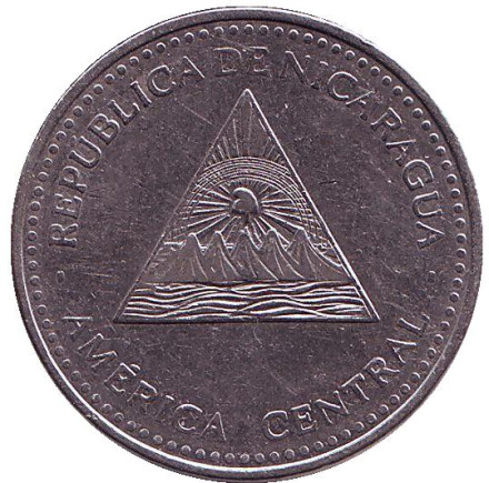 Монета 1 кордоба. 2007 год, Никарагуа. Из обращения. Горы-вулканы.
