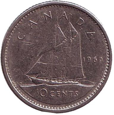 Монета 10 центов. 1969 год, Канада. Парусник.