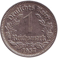 Монета 1 рейхсмарка. 1937 (F) год, Третий Рейх (Германия).