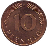 Дубовые листья. Монета 10 пфеннигов. 1984 год (D), ФРГ.