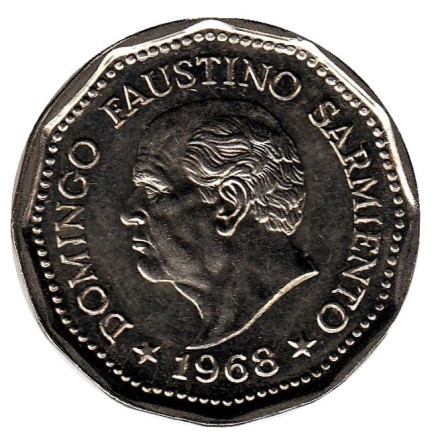 Монета 25 песо. 1968 год, Аргентина. 80 лет со дня смерти Доминго Фаустино Сармиенто.