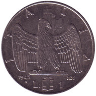 Монета 1 лира. 1942 год, Италия. Орёл. Монета 1 лира. 1942 год, Италия. Орёл.