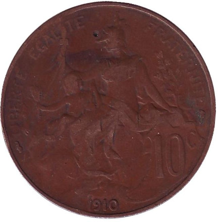 Монета 10 сантимов. 1910 год, Франция.