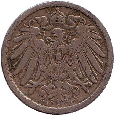 Монета 5 пфеннигов. 1900 год (А), Германская империя. Монета 5 пфеннигов. 1900 год (А), Германская империя.
