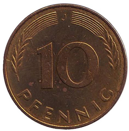 Монета 10 пфеннигов. 1977 год (J), ФРГ. aUNC Дубовые листья.
