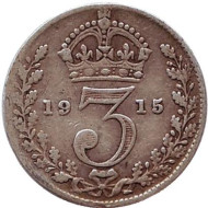 Монета 3 пенса. 1915 год, Великобритания. Монета 3 пенса. 1915 год, Великобритания.