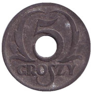 Монета 5 грошей. 1939 год, Польша. (цинк). Монета 5 грошей. 1939 год, Польша. (цинк).