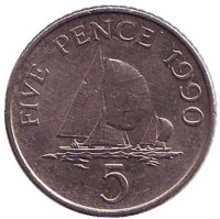 Парусники. Монета 5 пенсов, 1990 год, Гернси. (диаметр - 18 мм)