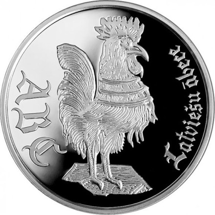 Монета 1 лат. 2010 год, Латвия. (Серебро) Петух. Латышская азбука.