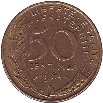Монета 50 сантимов. 1964 год, Франция.