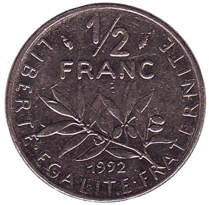 Монета 1/2 франка. 1992 год, Франция.