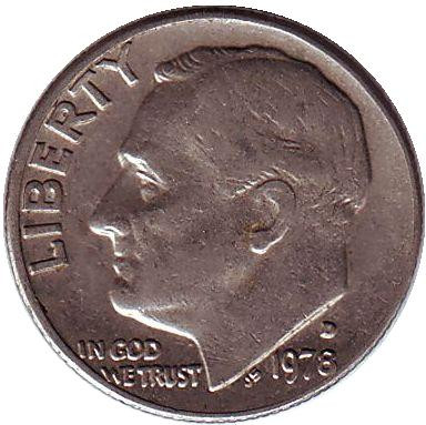 Монета 10 центов. 1978 (D) год, США. Рузвельт.