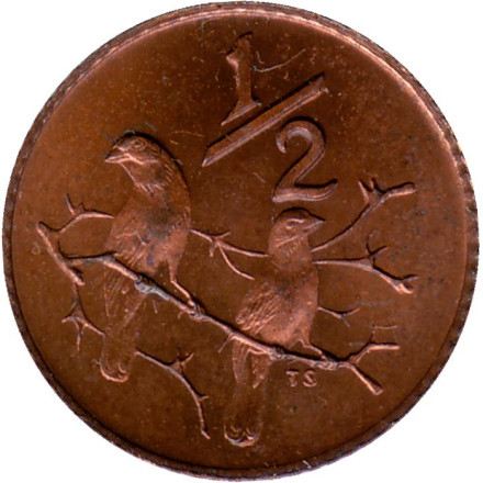 Монета 1/2 цента. 1971 год, ЮАР. BU. Воробьи.