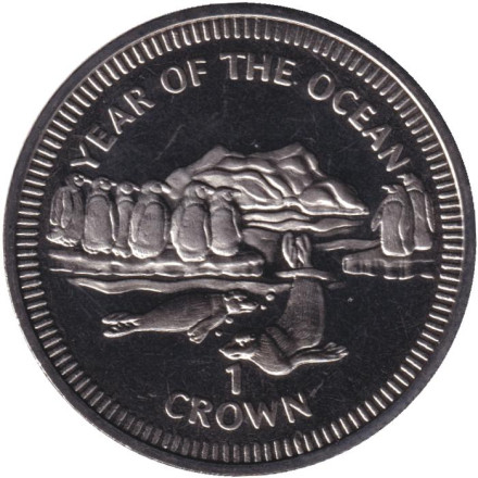 Монета 1 крона. 1998 год, Остров Мэн. Год океанов. Пингвины и морские котики.