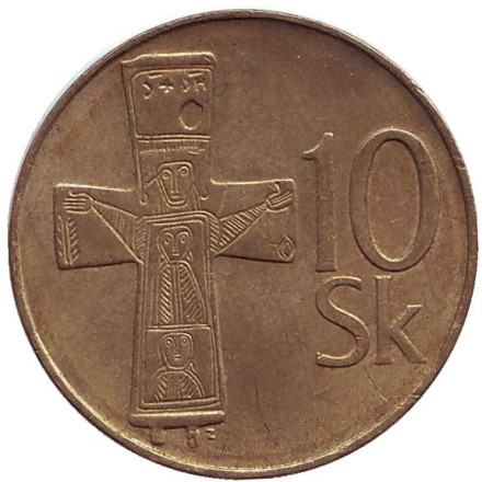 Монета 10 крон. 1993 год, Словакия. Бронзовый крест с выгравированными рисунками и орнаментом (Х – ХI вв.).