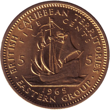 Монета 5 центов. 1965 год, Восточно-Карибские государства. Состояние - UNC. Галеон "Золотая лань" сэра Френсиса Дрейка.