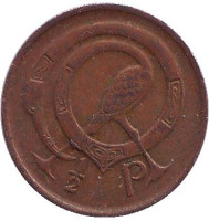 Птица. Ирландская арфа. Монета 1/2 пенни. 1980 год, Ирландия.