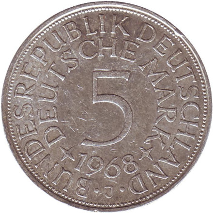 Монета 5 марок. 1968 год (J), ФРГ.