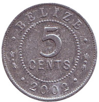 Монета 5 центов. 2002 год, Белиз.